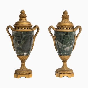 French Napoleon III Vases in Golden Bronze and Green Marble, 1800s, Set of 2