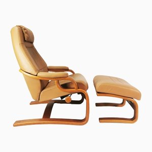 Leather Fold-Out Armchair with Footrest from Skipper, Denmark, 1970s, Set of 2