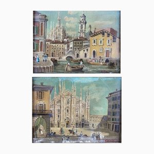 Pinturas al óleo sobre lienzo del artista italiano, vistas de la catedral de Milán, años 50. Juego de 2