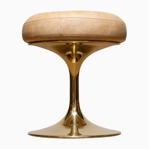 Beige Faux Leather and Gold Tulip Base Stool by attributed to Börje Johanson, Sweden, 1960s