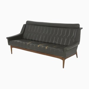Vintage Wood and Black Leather Sofa, 1950s