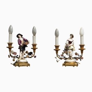 Lámparas francesas Napoleon III de bronce dorado y policromo, década de 1800. Juego de 2