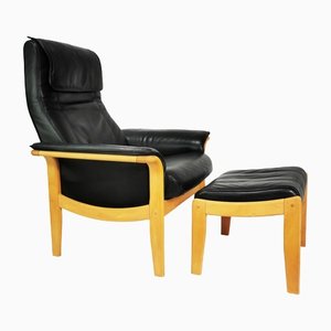 Danish Armchair in Leather with Footrest, 1980s, Set of 2