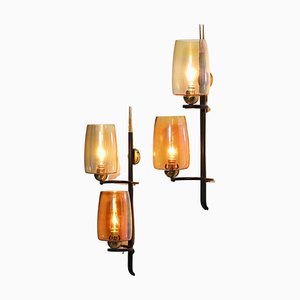 Vintage French Wall Lights in Glass and Brass, 1950, Set of 2