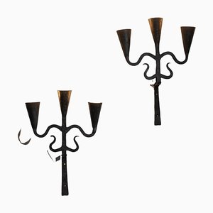 Vintage Brutalist Style Sconces in Wrought Iron, 1950, Set of 2