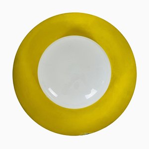 Mid-Century Yellow Metal and Opaline Glass Round Flushmount, 1960s