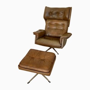 Vintage Leather Lounge Chair & Footstool by Sigurd Resell for Vatne, 1970s, Set of 2