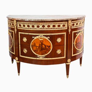 Antique Napoleon III French Demi Lune Commode in Polychrome Woods with Marble Top, 1800s