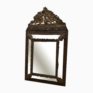 French Repoussé Brass Cushion Mirror with Tarnished Chamfered Mercury Mirror Panels
