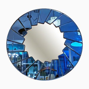 Blauer runder italienischer Mid-Century Modern Spiegel mit Glasrahmen, 1960er