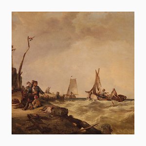 Artista fiammingo, paesaggio marino, 1860, olio su tela, con cornice