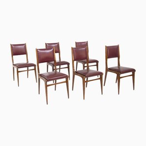 Wood and Red Leather Chairs attributed to Carlo De Carli, 1950s, Set of 6