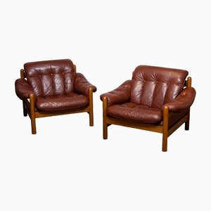 Brutalist Brazilian Brown Leather Armchairs attributed to Göte Möbler, 1970s, Set of 2