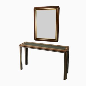 Console Table & Wall Mirror in Wood, Smoked Glass, Metal & Aluminum, Italy, 1970s, Set of 2