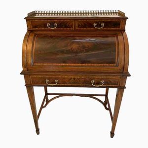 Antique Edwardian Mahogany Freestanding Inlaid Cylinder Desk by Maple & Co. London, 1900s