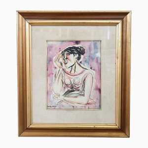 Migneco Giuseppe, Woman Portrait, 1950s, Watercolor on Paper, Framed