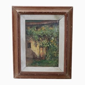 Silvio Poma, Italian Home Garden, 1890s, Oil Painting on Cardboard, Framed