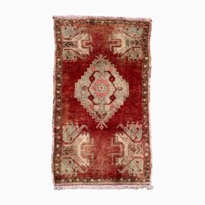Small Vintage Turkish Red & Beige Wool Rug