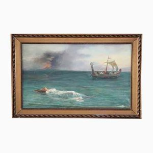 Paesaggio marino surrealista, fine XX secolo, olio su tela, con cornice
