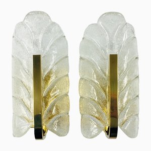 Scandinavian Glass & Brass Leaf Wall Lights or Sconces by Carl Fagerlund for JSB, 1960s, Set of 2