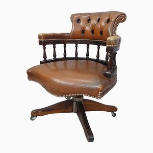 Classic Hillcrest Chesterfield Revolving Captains Chair with Polished Tan Leather Upholstery & with Brass Studs, 1950s