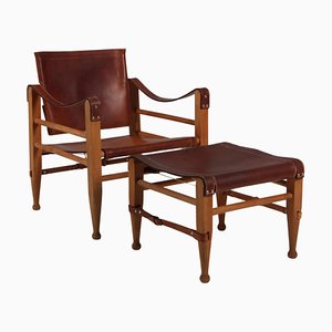 Patinated Sadle Leather Safari Armchair And Ottoman from Aaage Bruru & Son, 1960s, Set of 2