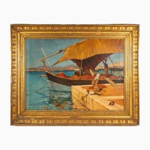 Comerciantes naranjas en la costa mediterránea, siglo XIX o principios del siglo XX, óleo sobre lienzo, enmarcado