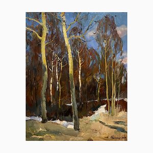 Leonid Vaichilia, Sol de primavera en el bosque, pintura al óleo, 1967