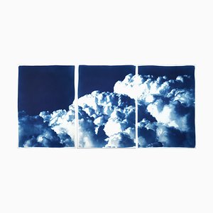 Kind of Cyan, Multipanel Triptych with Serene Clouds, 2021, Cyanotype