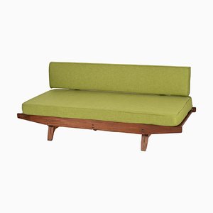 Mid-Century Danish Teak & Sage Green Fabric Extendable Sofa in style of Hans Olsen, 1960s