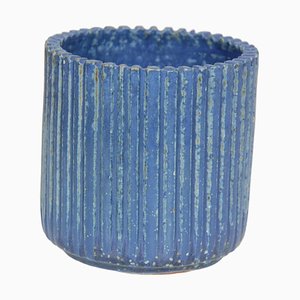 Blaue Vase aus Steingut mit geriffeltem Design von Arne Bang