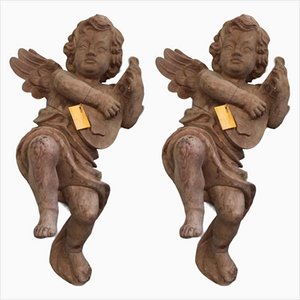 Swiss Stone Pine Angel Figures, Set of 2