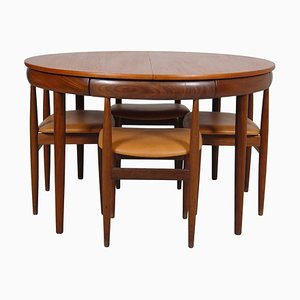 Teak and Cognac Aniline Leather Roundette Table with Chairs by Hans Olsen for Frem Røjle, 1890s