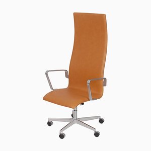 Cognac Aniline Leather Oxford High Chair by Arne Jacobsen