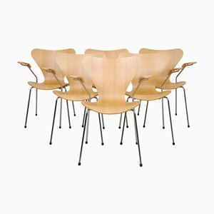 Series 7 Desk Chairs in Beech by Arne Jacobsen for Fritz Hansen, 2000s, Set of 6