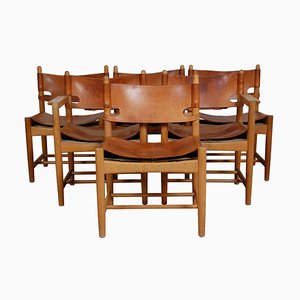 Spanische Esszimmerstühle aus Eiche & Leder von Børge Mogensen für Fredericia, 6er Set