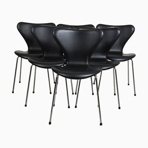 Black Leather Seven Chairs by Arne Jacobsen for Fritz Hansen, 2000s, Set of 6