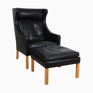 Wingchair & Ottoman in Black Leather by Børge Mogensen for Fredericia, 1990s, Set of 2