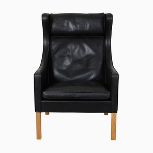 Wingchair in Original Black Leather by Børge Mogensen for Fredericia, 1990s