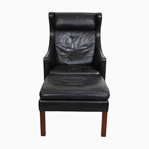 Wingchair & Ottoman in Black Leather by Børge Mogensen for Fredericia, 1980s, Set of 2