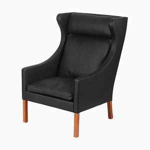 Wing Chair Armchair in Black Bison Leather by Børge Mogensen for Fredericia, 1960s