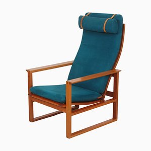 Sled Chair mit Gestell aus Mahagoni und türkisfarbenen Kissen von Børge Mogensen für Fredericia