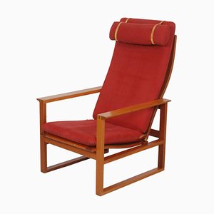 Sled Chair with Mahogany Frame and Red Cushions by Børge Mogensen for Fredericia