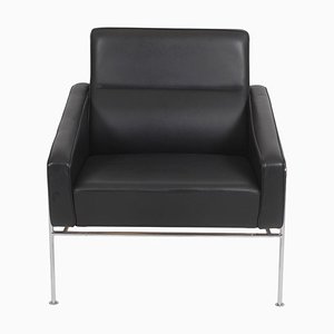 Airport Chair with Original Black Leather by Arne Jacobsen for Fritz Hansen, 2000s