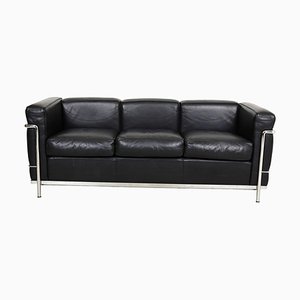 Schwarzes LC2 / 3-Sitzer Sofa aus Leder & Stahl von Le Corbusier für Cassina, 2000er
