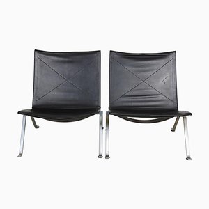 Set of PK-22 Chairs in Black Leather by Poul Kjærholm for Fritz Hansen, 1990s