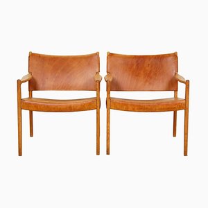 Premiere-69 Armchairs in Oak and Natural Core Leather by Per-Olof Scotte for Ikea, 1970s, Set of 2