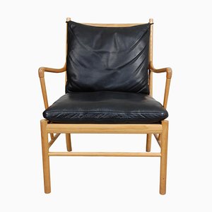 Colonial Chair in Oak and Black Leather by Ole Wanscher, 2000s