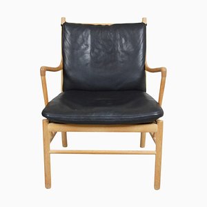Colonial Chair in Oak and Black Classic Leather by Ole Wanscher, 1990s