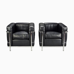 LC-2 Armchairs in Patinated Black Leather by Le Corbusier for Cassina, Set of 2